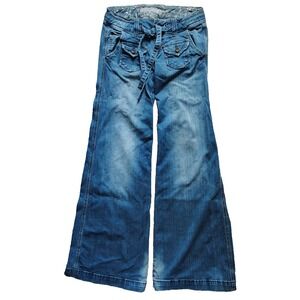 dELiAs Y2K Low Rise Wide Leg Jeans Denim Belt Juniors Sz 3/4 Flap Pockets Boho